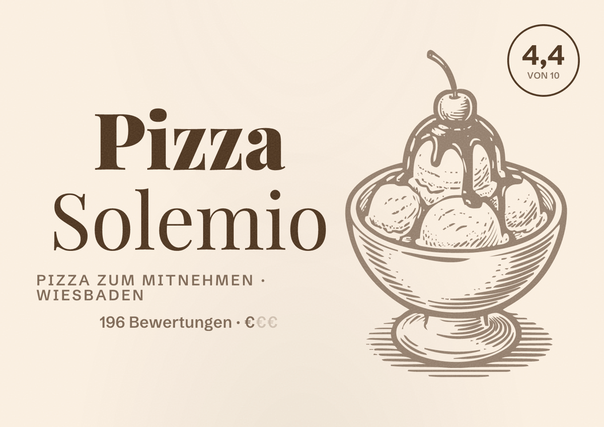 Illustriertes Poster von Pizza Solemio, Pizza zum Mitnehmen in Wiesbaden: Bewertung 4,4 von 10 aus 196 Bewertungen, Preisniveau €