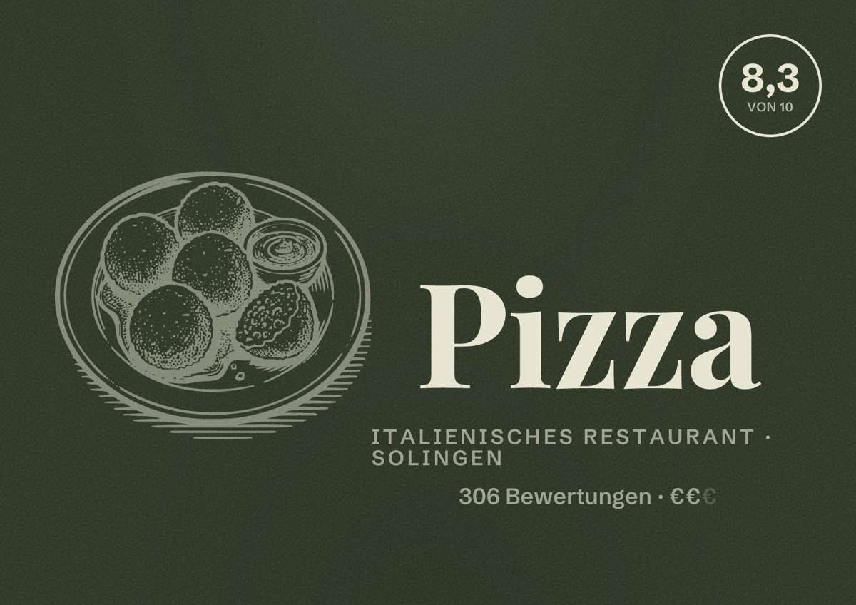 Illustriertes Poster von Pizza, Italienisches Restaurant in Solingen: Bewertung 8,3 von 10 aus 306 Bewertungen, Preisniveau €€