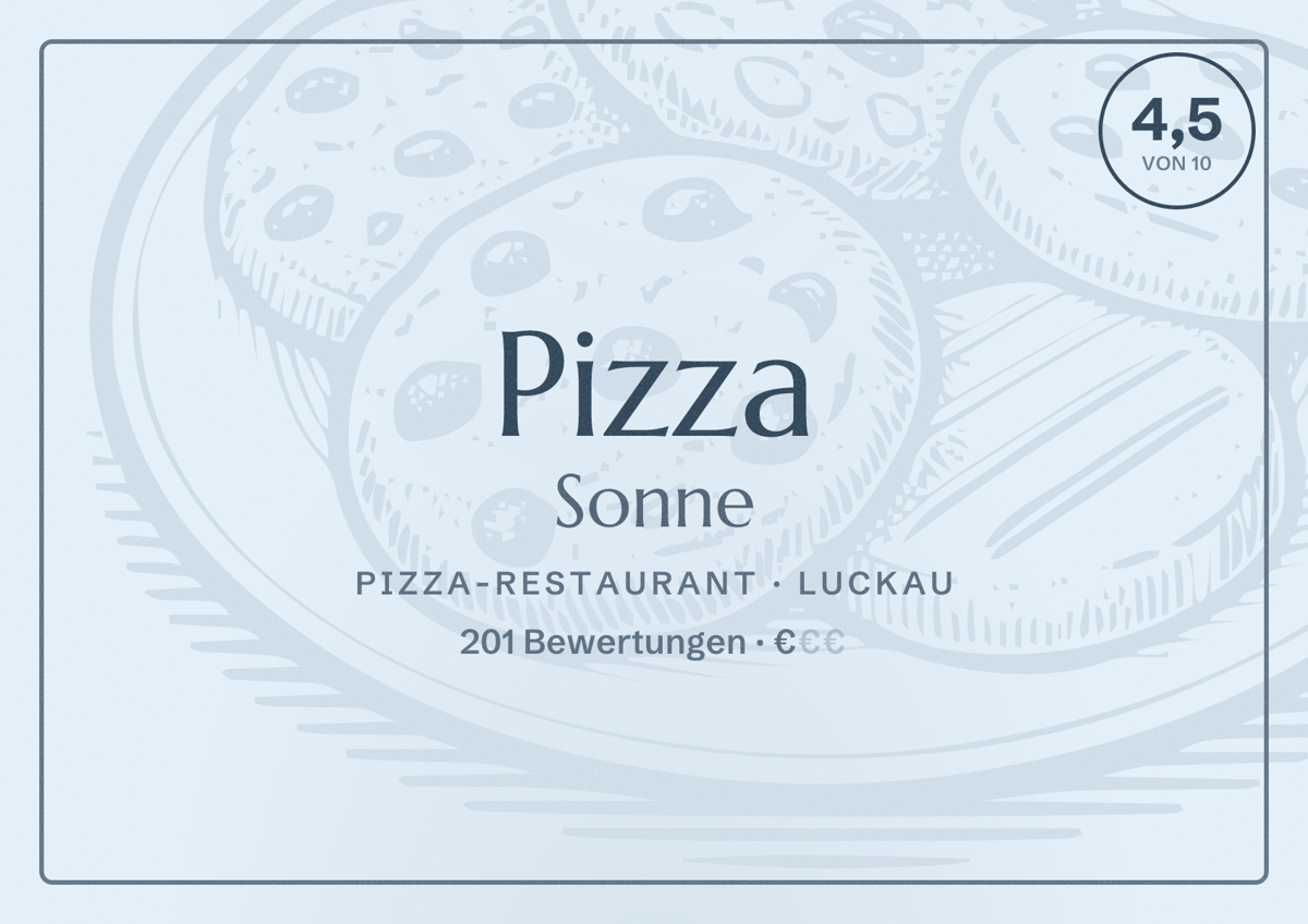 Illustriertes Poster von Pizza Sonne, Pizza-Restaurant in Luckau: Bewertung 4,5 von 10 aus 201 Bewertungen, Preisniveau €