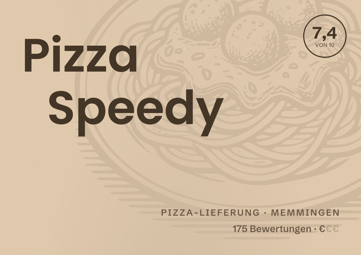 Illustriertes Poster von Pizza Speedy, Pizza-Lieferung in Memmingen: Bewertung 7,4 von 10 aus 175 Bewertungen, Preisniveau €