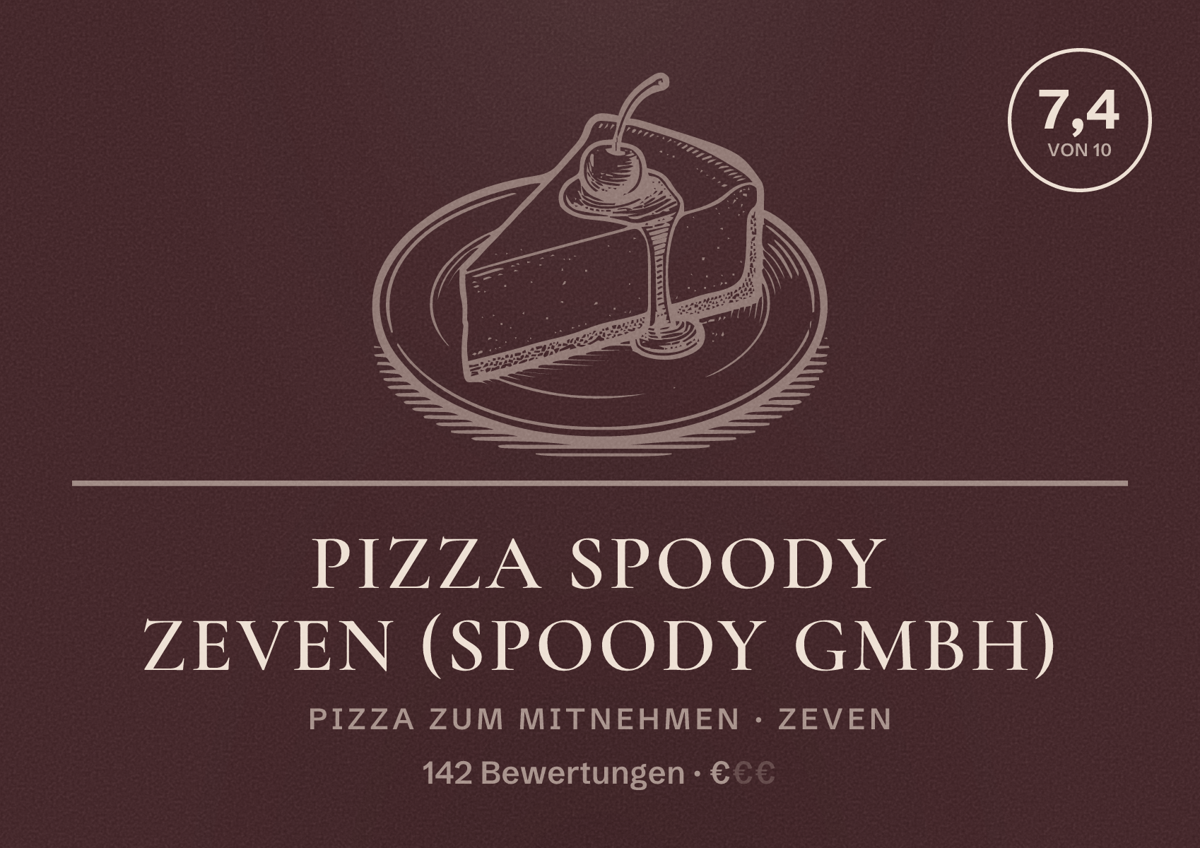 Illustriertes Poster von Pizza Spoody Zeven (Spoody GmbH), Pizza zum Mitnehmen in Zeven: Bewertung 7,4 von 10 aus 142 Bewertungen, Preisniveau €