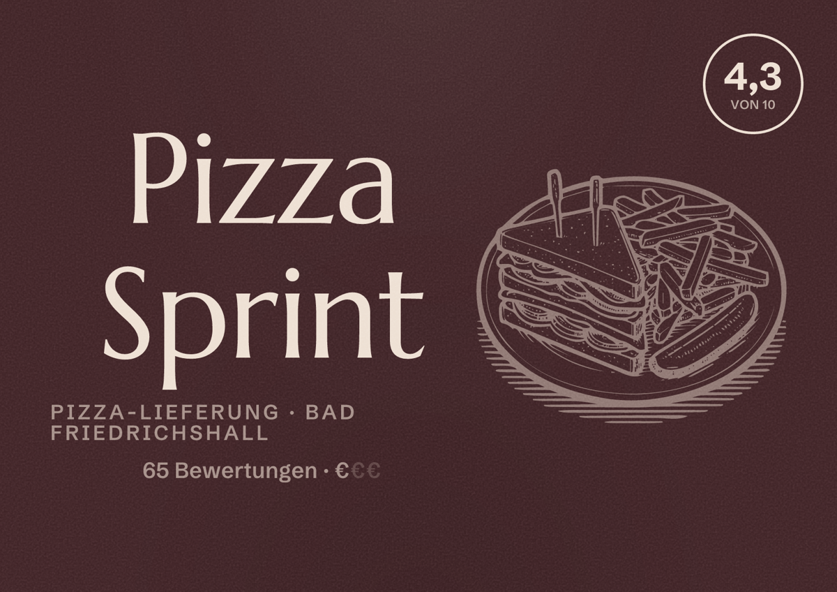 Illustriertes Poster von Pizza Sprint, Pizza-Lieferung in Bad Friedrichshall: Bewertung 4,3 von 10 aus 65 Bewertungen, Preisniveau €