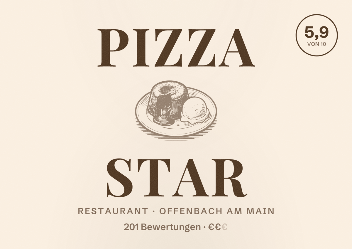 Illustriertes Poster von PIZZA STAR, Restaurant in Offenbach am Main: Bewertung 5,9 von 10 aus 201 Bewertungen, Preisniveau €€