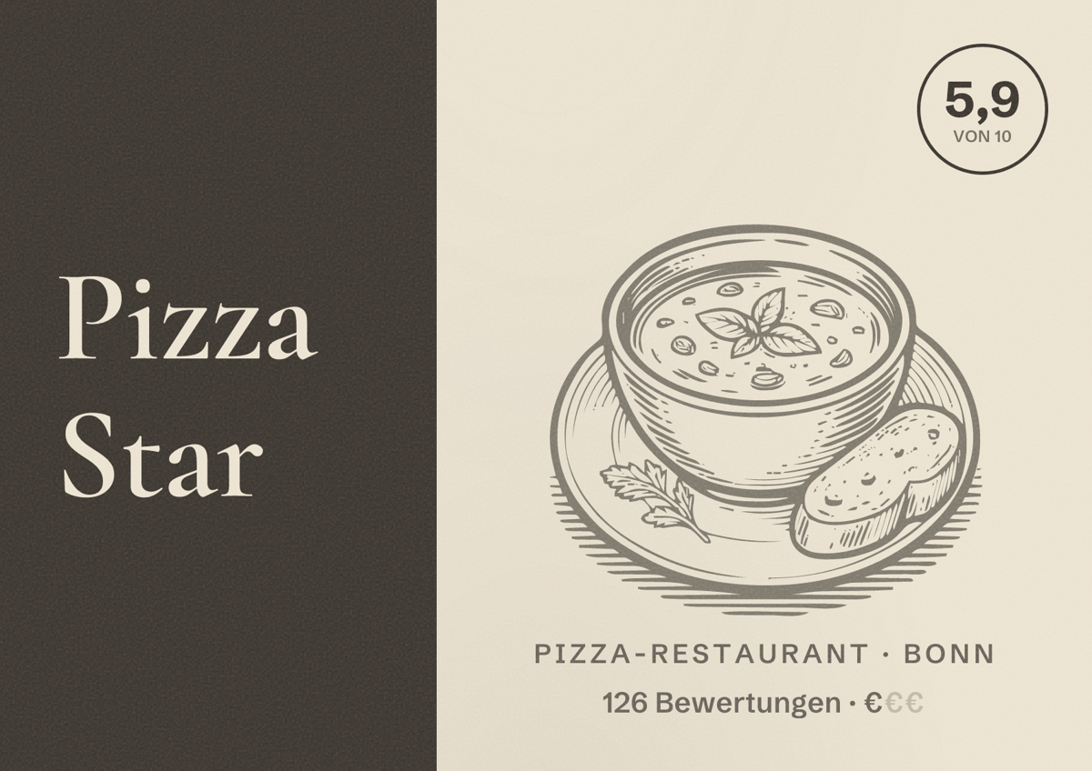 Illustriertes Poster von Pizza Star, Pizza-Restaurant in Bonn: Bewertung 5,9 von 10 aus 126 Bewertungen, Preisniveau €