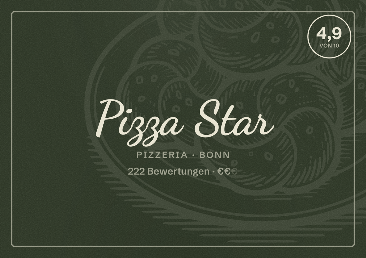 Illustriertes Poster von Pizza Star, Pizzeria in Bonn: Bewertung 4,9 von 10 aus 222 Bewertungen, Preisniveau €€
