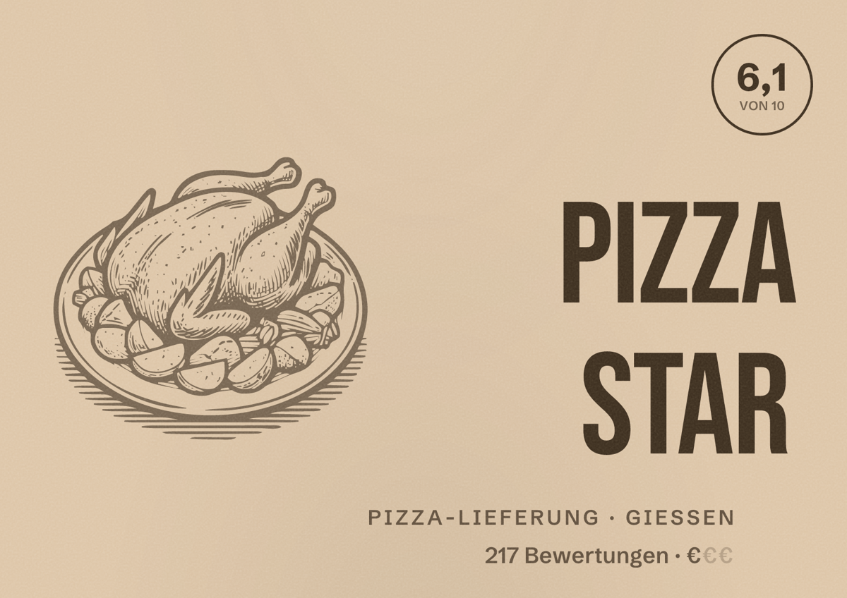 Illustriertes Poster von Pizza Star, Pizza-Lieferung in Gießen: Bewertung 6,1 von 10 aus 217 Bewertungen, Preisniveau €