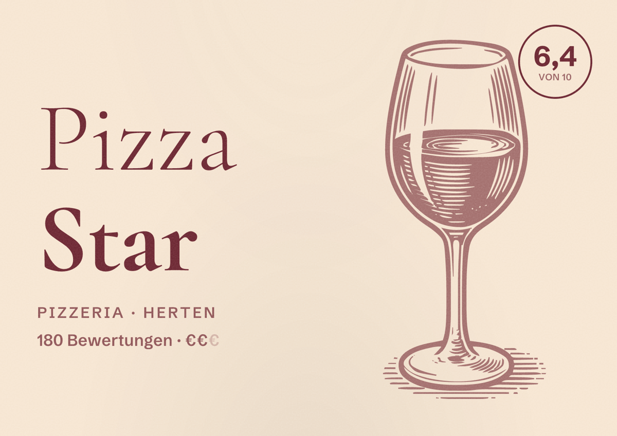 Illustriertes Poster von Pizza Star, Pizzeria in Herten: Bewertung 6,4 von 10 aus 180 Bewertungen, Preisniveau €€