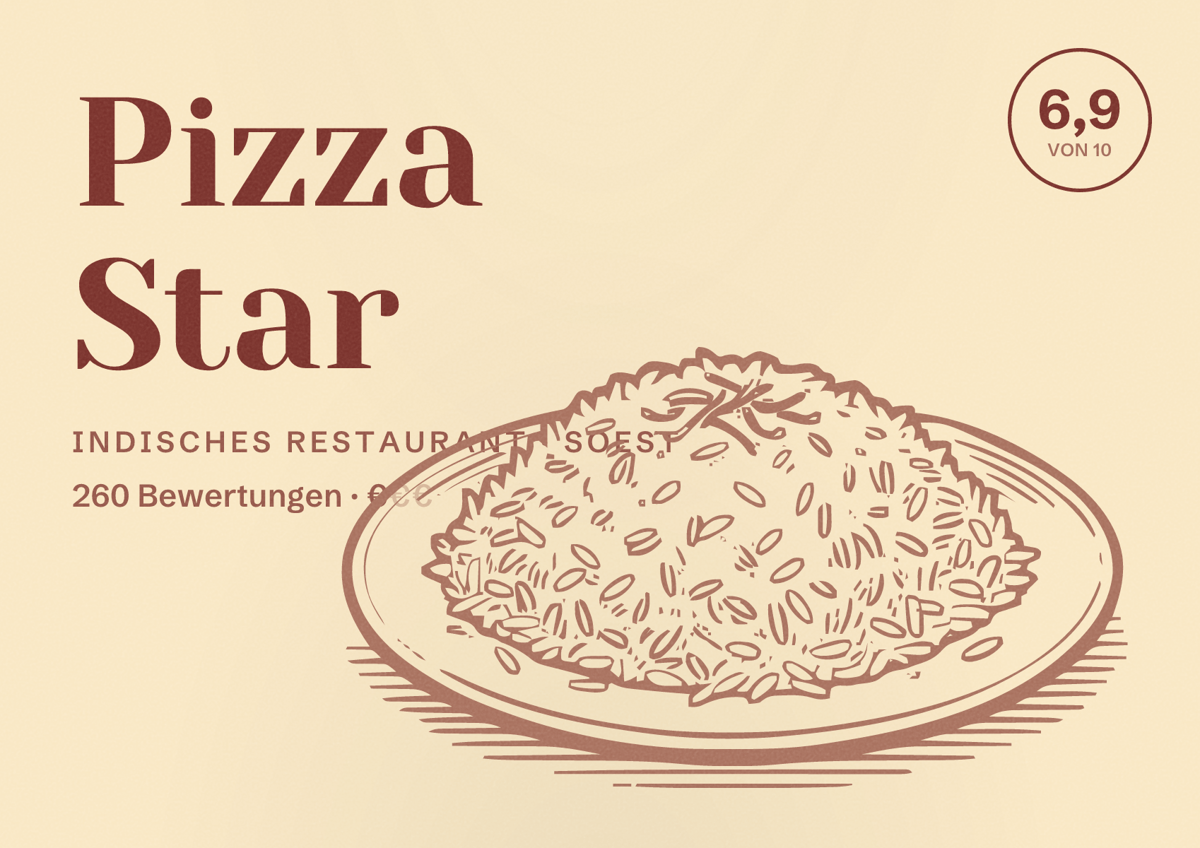 Illustriertes Poster von Pizza Star, Indisches Restaurant in Soest: Bewertung 6,9 von 10 aus 260 Bewertungen, Preisniveau €