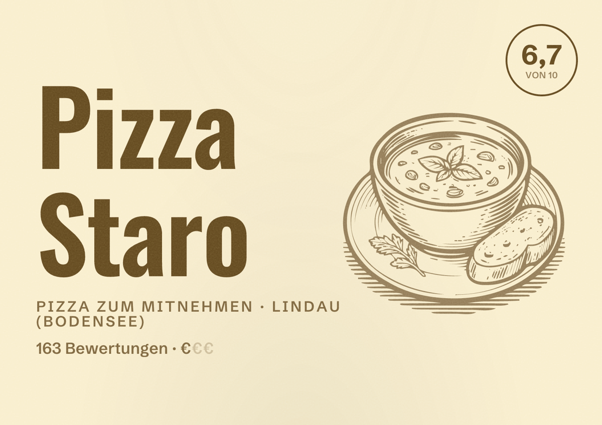 Illustriertes Poster von Pizza Staro, Pizza zum Mitnehmen in Lindau (Bodensee): Bewertung 6,7 von 10 aus 163 Bewertungen, Preisniveau €
