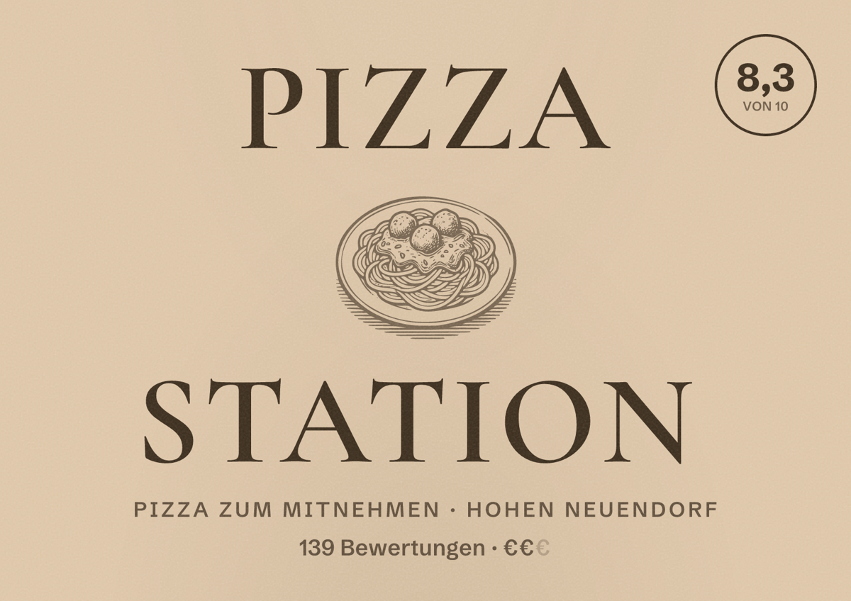 Illustriertes Poster von Pizza Station, Pizza zum Mitnehmen in Hohen Neuendorf: Bewertung 8,3 von 10 aus 139 Bewertungen, Preisniveau €€