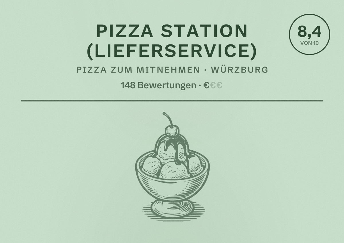 Illustriertes Poster von Pizza Station (Lieferservice), Pizza zum Mitnehmen in Würzburg: Bewertung 8,4 von 10 aus 148 Bewertungen, Preisniveau €