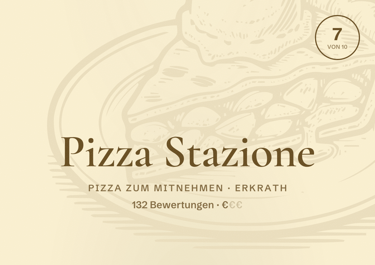 Illustriertes Poster von Pizza Stazione, Pizza zum Mitnehmen in Erkrath: Bewertung 7 von 10 aus 132 Bewertungen, Preisniveau €