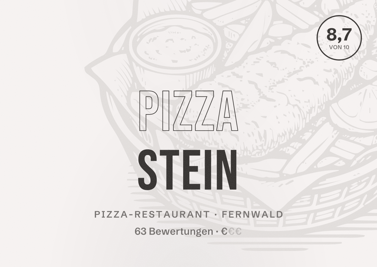 Illustriertes Poster von Pizza Stein, Pizza-Restaurant in Fernwald: Bewertung 8,7 von 10 aus 63 Bewertungen, Preisniveau €