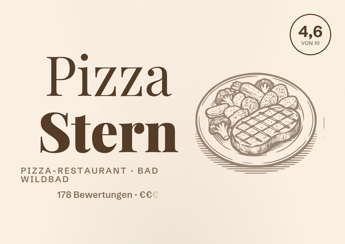 Illustriertes Poster von Pizza Stern, Pizza-Restaurant in Bad Wildbad: Bewertung 4,6 von 10 aus 178 Bewertungen, Preisniveau €€