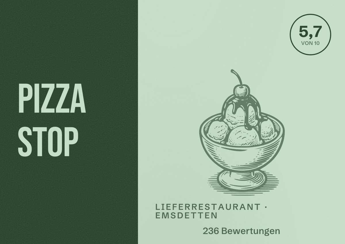 Illustriertes Poster von Pizza Stop, Lieferrestaurant in Emsdetten: Bewertung 5,7 von 10 aus 236 Bewertungen
