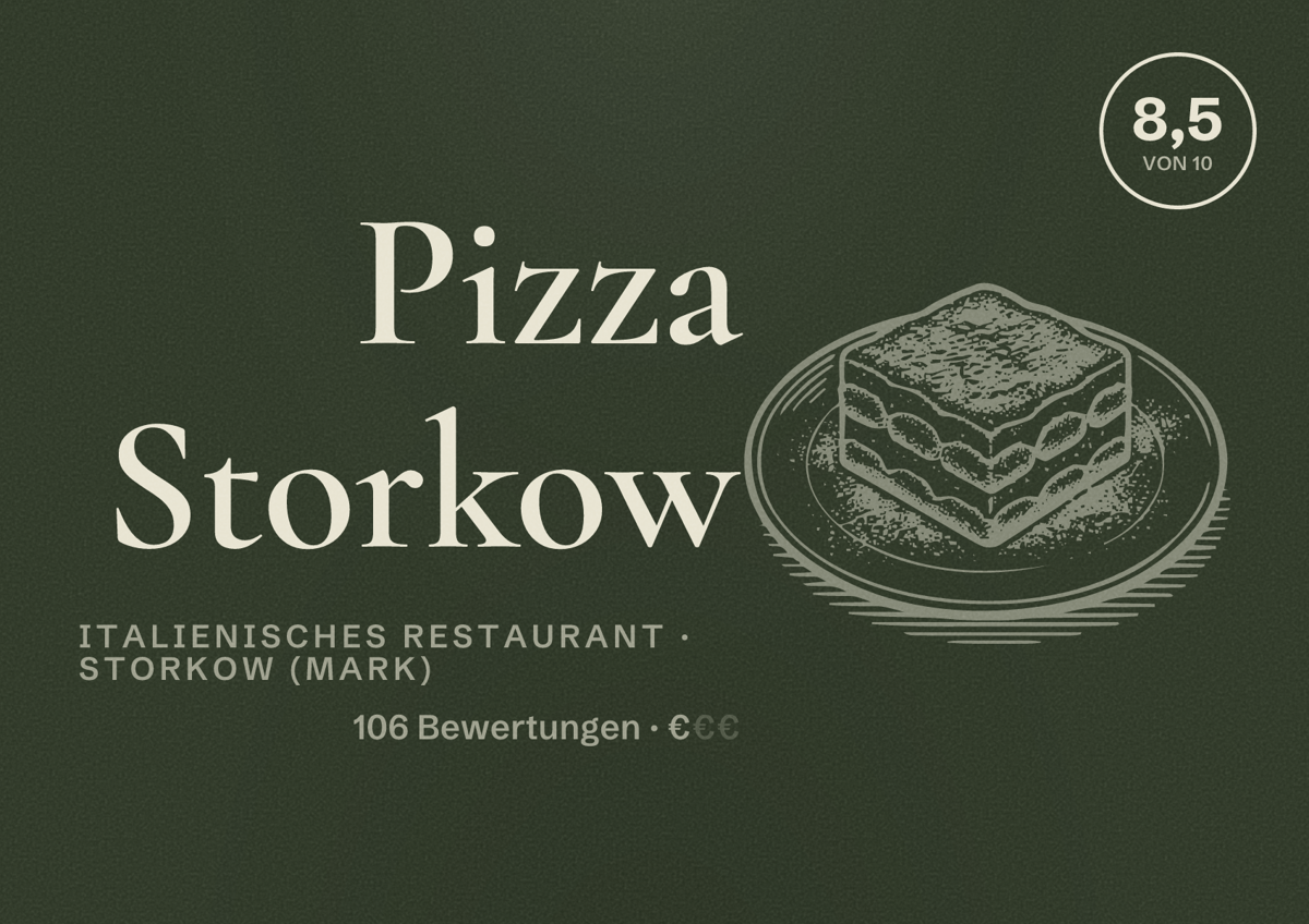 Illustriertes Poster von Pizza Storkow, Italienisches Restaurant in Storkow (Mark): Bewertung 8,5 von 10 aus 106 Bewertungen, Preisniveau €