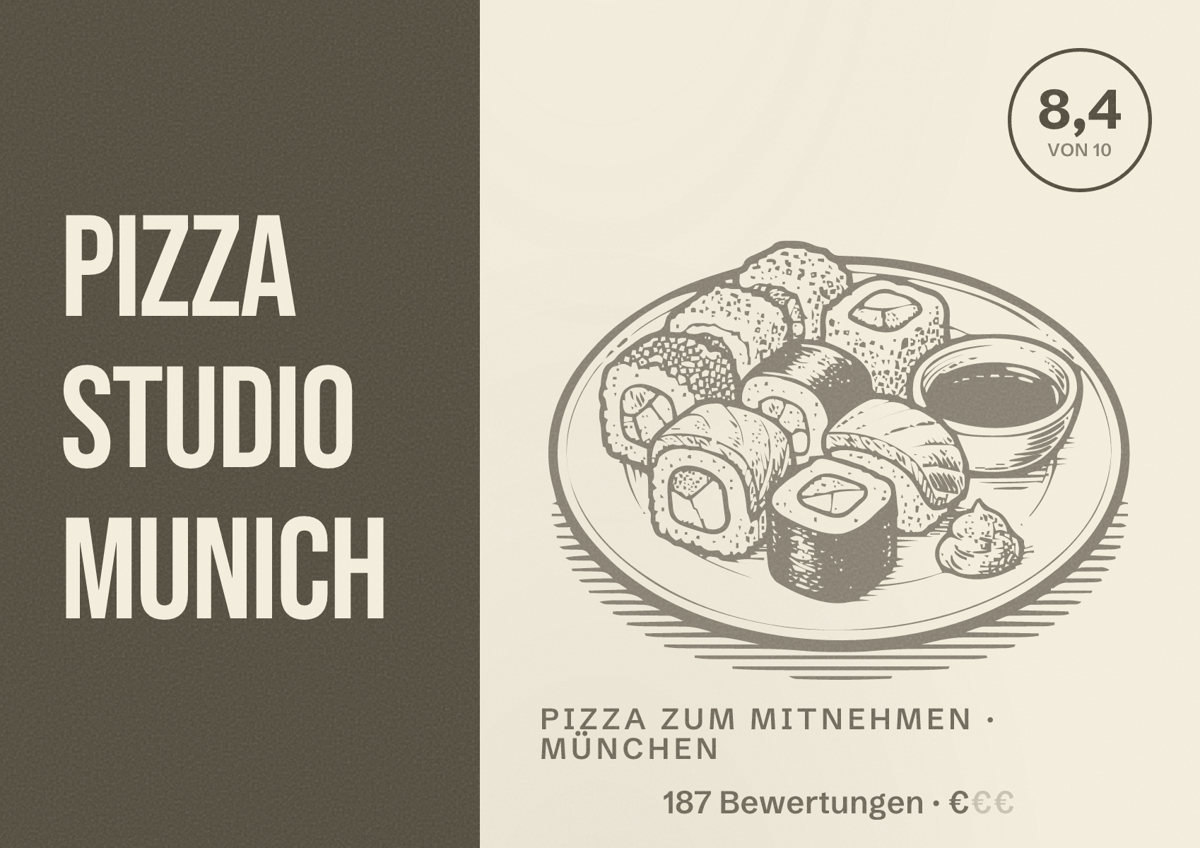 Illustriertes Poster von Pizza Studio Munich, Pizza zum Mitnehmen in München: Bewertung 8,4 von 10 aus 187 Bewertungen, Preisniveau €