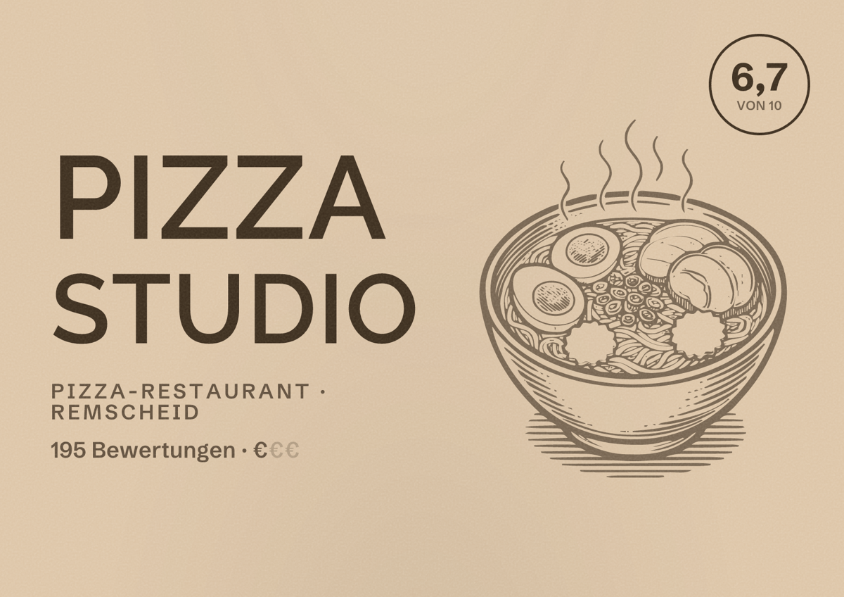 Illustriertes Poster von Pizza Studio, Pizza-Restaurant in Remscheid: Bewertung 6,7 von 10 aus 195 Bewertungen, Preisniveau €