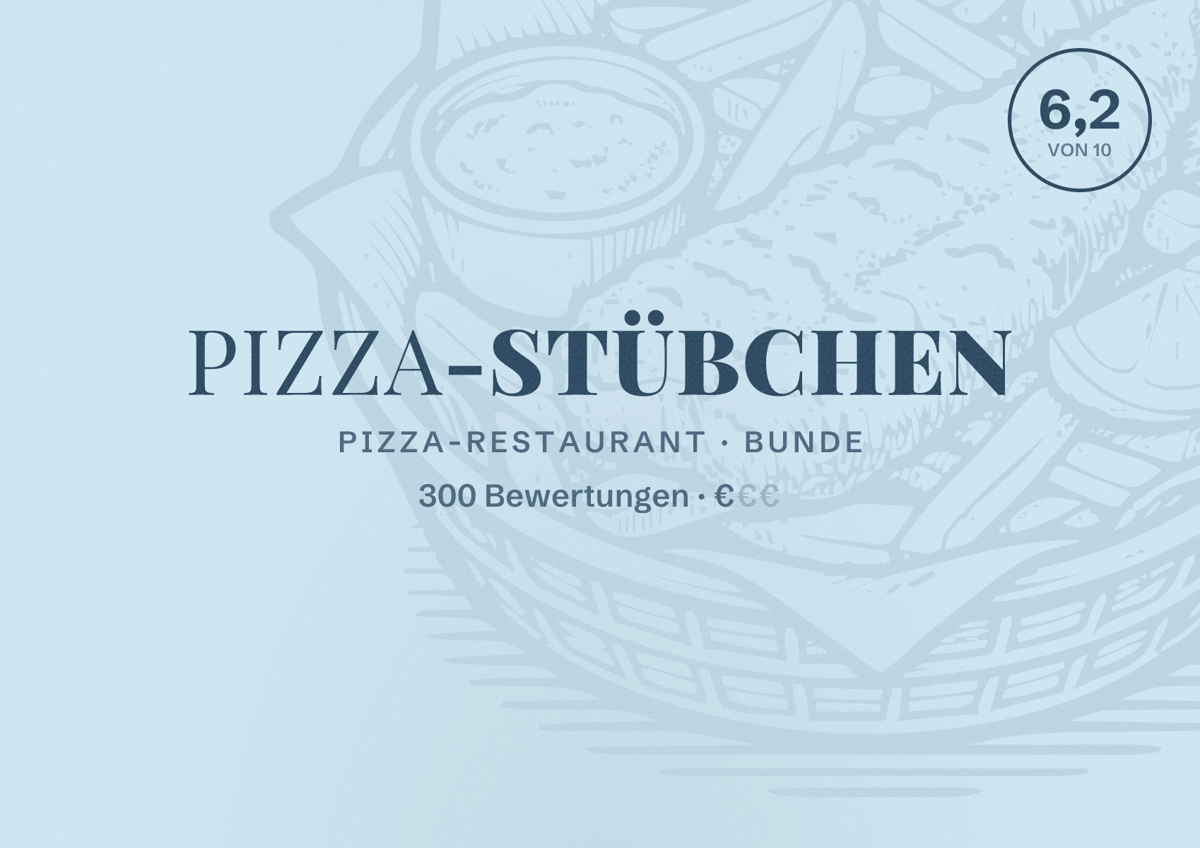 Illustriertes Poster von Pizza-Stübchen, Pizza-Restaurant in Bunde: Bewertung 6,2 von 10 aus 300 Bewertungen, Preisniveau €