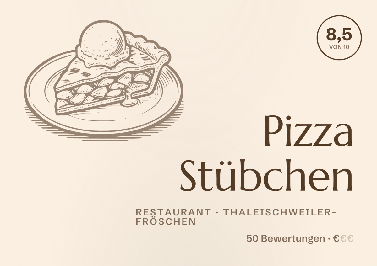 Illustriertes Poster von Pizza Stübchen, Restaurant in Thaleischweiler-Fröschen: Bewertung 8,5 von 10 aus 50 Bewertungen, Preisniveau €