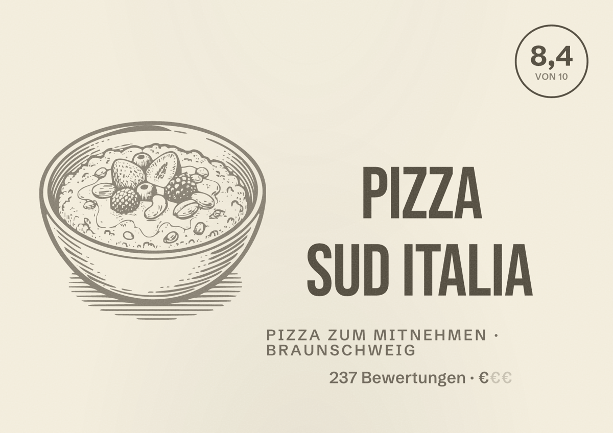 Illustriertes Poster von Pizza Sud Italia, Pizza zum Mitnehmen in Braunschweig: Bewertung 8,4 von 10 aus 237 Bewertungen, Preisniveau €