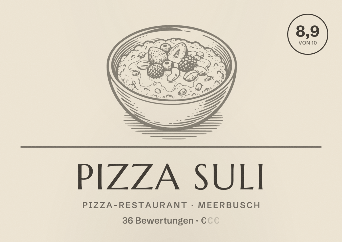Illustriertes Poster von Pizza Suli, Pizza-Restaurant in Meerbusch: Bewertung 8,9 von 10 aus 36 Bewertungen, Preisniveau €