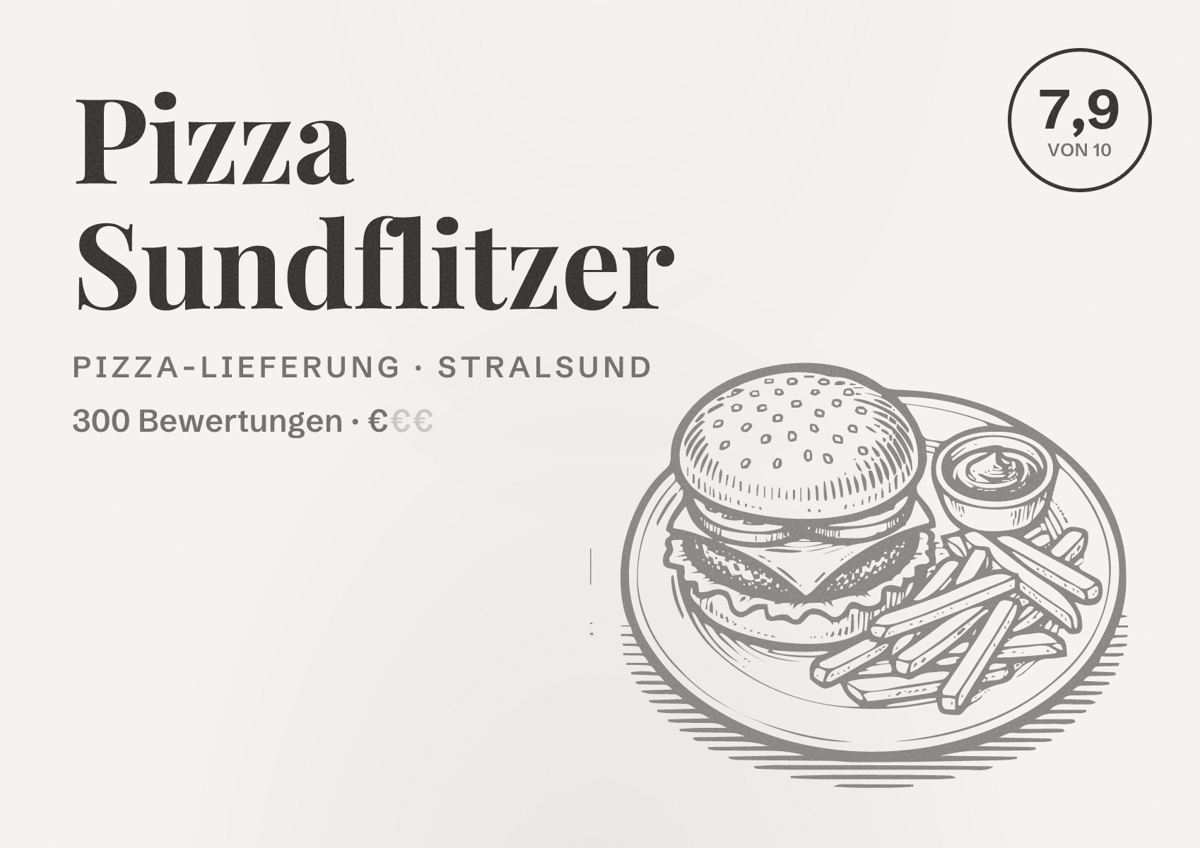 Illustriertes Poster von Pizza Sundflitzer, Pizza-Lieferung in Stralsund: Bewertung 7,9 von 10 aus 300 Bewertungen, Preisniveau €