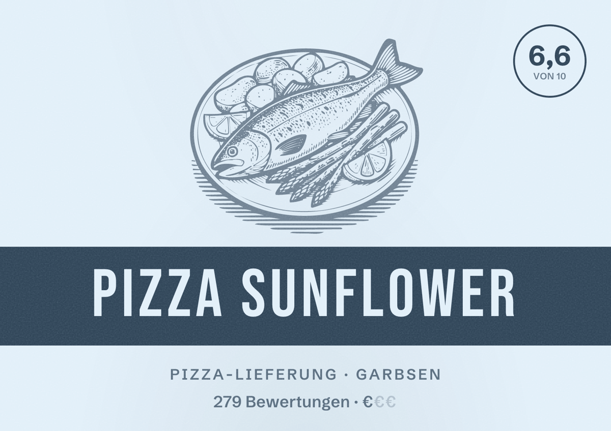Illustriertes Poster von Pizza Sunflower, Pizza-Lieferung in Garbsen: Bewertung 6,6 von 10 aus 279 Bewertungen, Preisniveau €