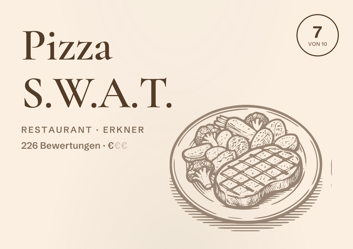 Illustriertes Poster von Pizza S.W.A.T., Restaurant in Erkner: Bewertung 7 von 10 aus 226 Bewertungen, Preisniveau €
