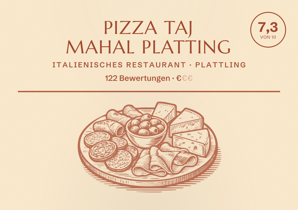 Illustriertes Poster von Pizza Taj Mahal Platting, Italienisches Restaurant in Plattling: Bewertung 7,3 von 10 aus 122 Bewertungen, Preisniveau €