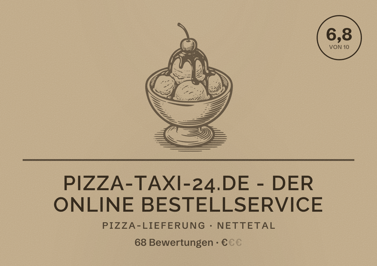 Illustriertes Poster von Pizza-Taxi-24.de - Der online Bestellservice, Pizza-Lieferung in Nettetal: Bewertung 6,8 von 10 aus 68 Bewertungen, Preisniveau €