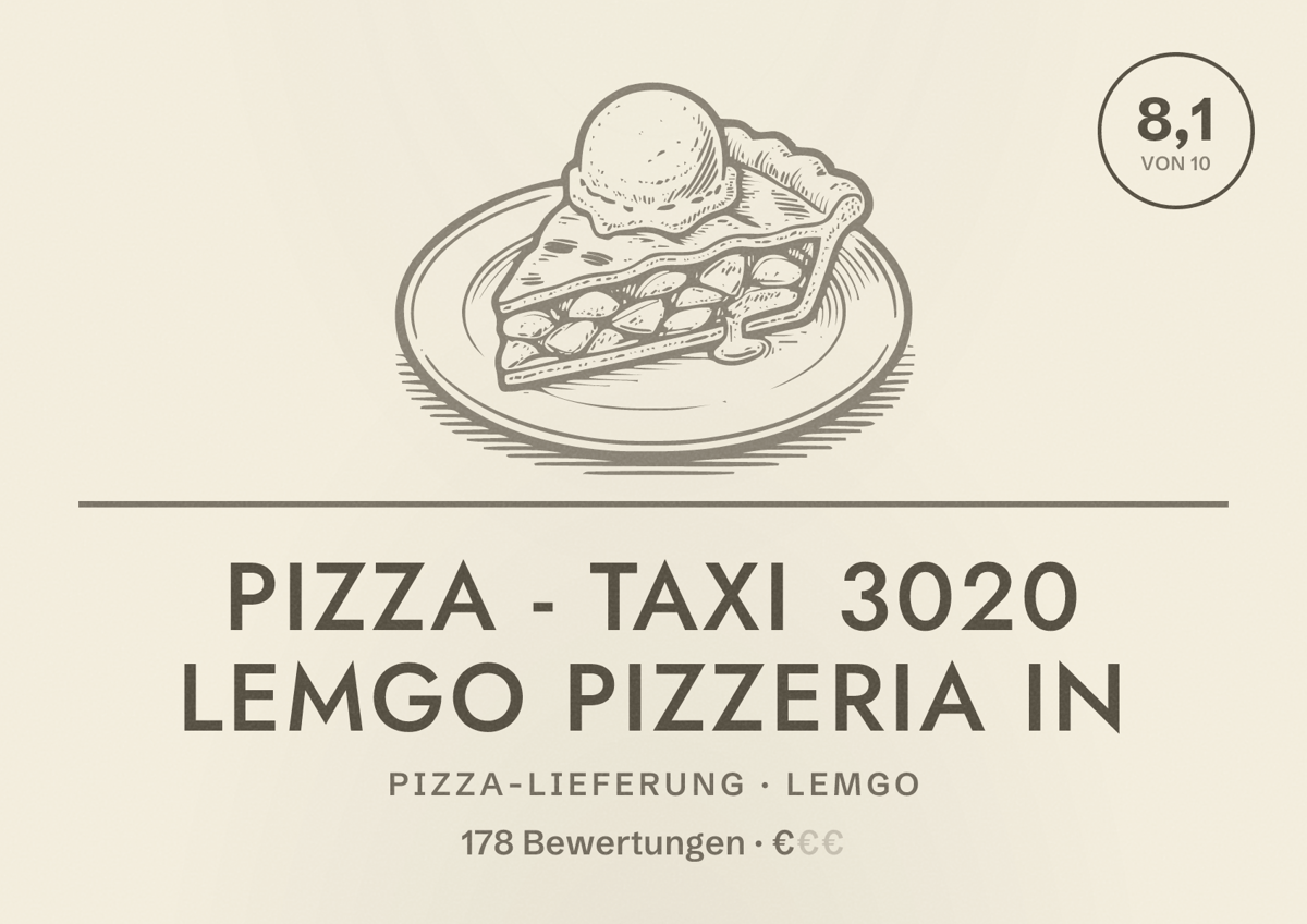 Illustriertes Poster von Pizza - Taxi 3020 Lemgo Pizzeria in, Pizza-Lieferung in Lemgo: Bewertung 8,1 von 10 aus 178 Bewertungen, Preisniveau €