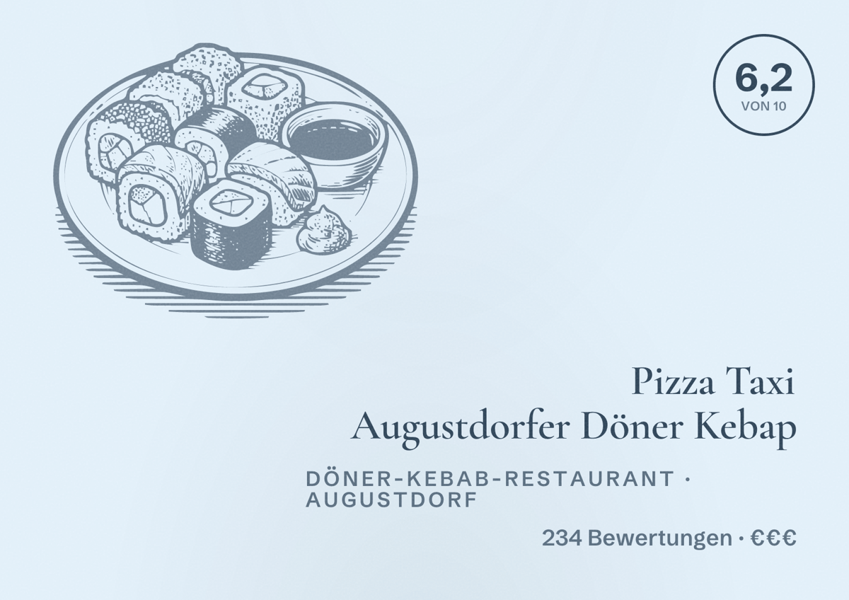 Illustriertes Poster von Pizza Taxi Augustdorfer Döner Kebap, Döner-Kebab-Restaurant in Augustdorf: Bewertung 6,2 von 10 aus 234 Bewertungen, Preisniveau €€€