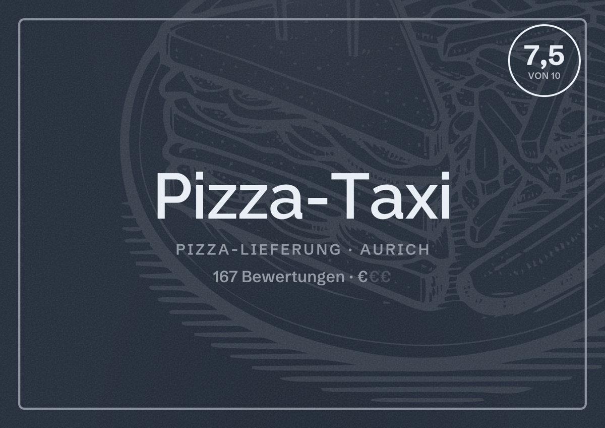 Illustriertes Poster von Pizza-Taxi, Pizza-Lieferung in Aurich: Bewertung 7,5 von 10 aus 167 Bewertungen, Preisniveau €