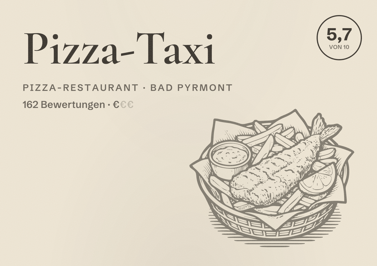Illustriertes Poster von Pizza-Taxi, Pizza-Restaurant in Bad Pyrmont: Bewertung 5,7 von 10 aus 162 Bewertungen, Preisniveau €