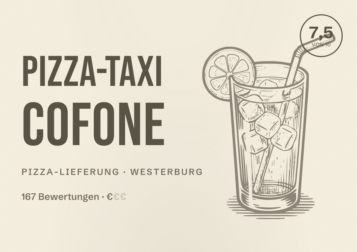 Illustriertes Poster von Pizza-Taxi Cofone, Pizza-Lieferung in Westerburg: Bewertung 7,5 von 10 aus 167 Bewertungen, Preisniveau €