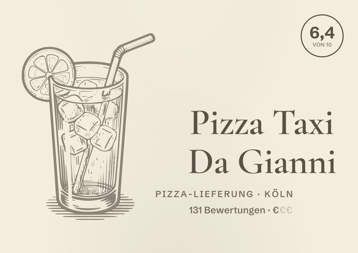 Illustriertes Poster von Pizza Taxi Da Gianni, Pizza-Lieferung in Köln: Bewertung 6,4 von 10 aus 131 Bewertungen, Preisniveau €