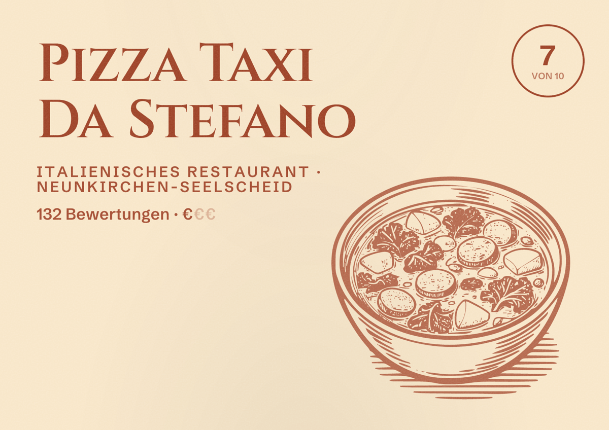 Illustriertes Poster von Pizza Taxi Da Stefano, Italienisches Restaurant in Neunkirchen-Seelscheid: Bewertung 7 von 10 aus 132 Bewertungen, Preisniveau €