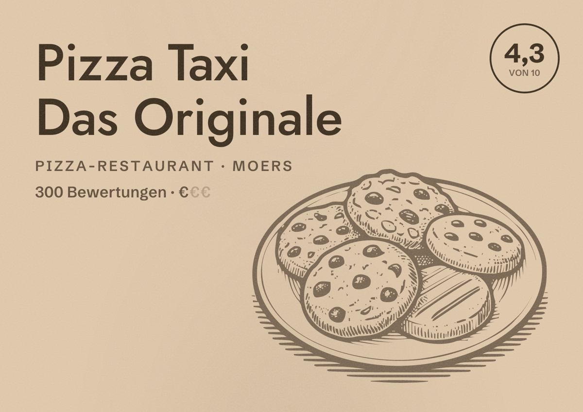 Illustriertes Poster von Pizza Taxi Das Originale, Pizza-Restaurant in Moers: Bewertung 4,3 von 10 aus 300 Bewertungen, Preisniveau €
