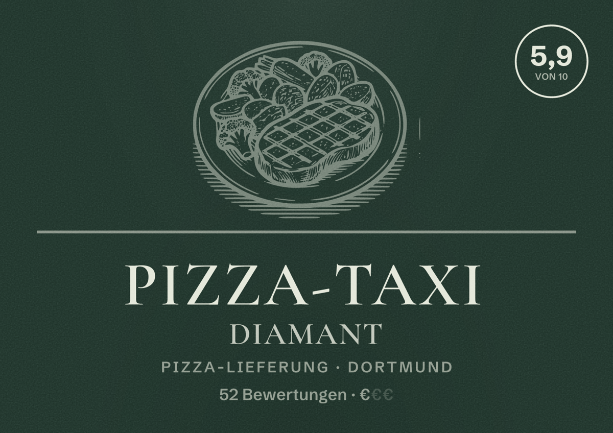 Illustriertes Poster von Pizza-Taxi Diamant, Pizza-Lieferung in Dortmund: Bewertung 5,9 von 10 aus 52 Bewertungen, Preisniveau €