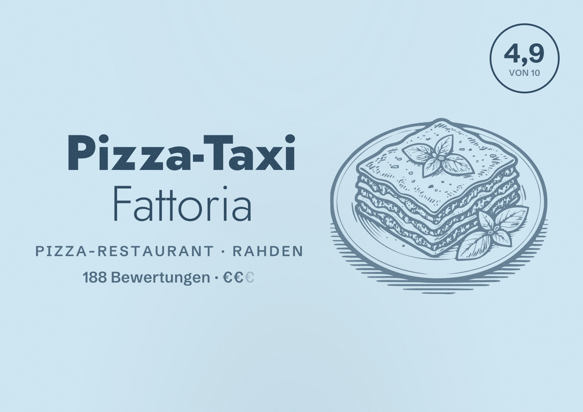 Illustriertes Poster von Pizza-Taxi Fattoria, Pizza-Restaurant in Rahden: Bewertung 4,9 von 10 aus 188 Bewertungen, Preisniveau €€