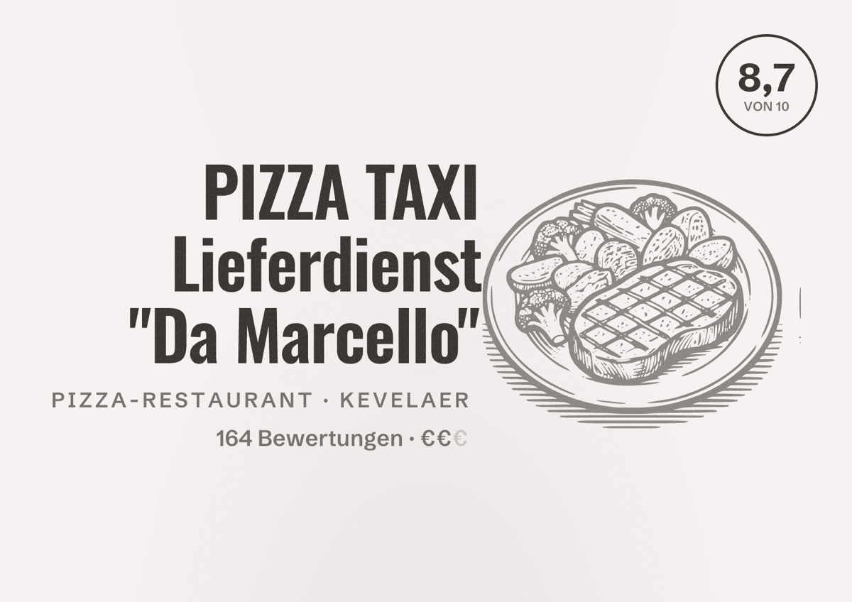 Illustriertes Poster von PIZZA TAXI Lieferdienst "Da Marcello", Pizza-Restaurant in Kevelaer: Bewertung 8,7 von 10 aus 164 Bewertungen, Preisniveau €€