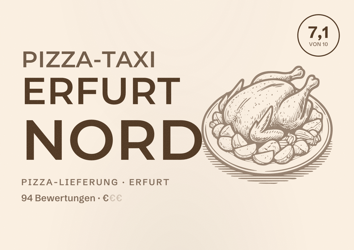Illustriertes Poster von Pizza-Taxi Erfurt Nord, Pizza-Lieferung in Erfurt: Bewertung 7,1 von 10 aus 94 Bewertungen, Preisniveau €