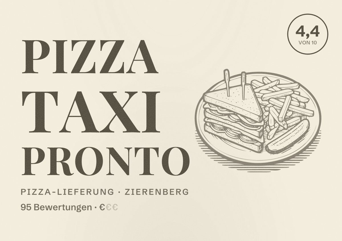 Illustriertes Poster von Pizza Taxi Pronto, Pizza-Lieferung in Zierenberg: Bewertung 4,4 von 10 aus 95 Bewertungen, Preisniveau €
