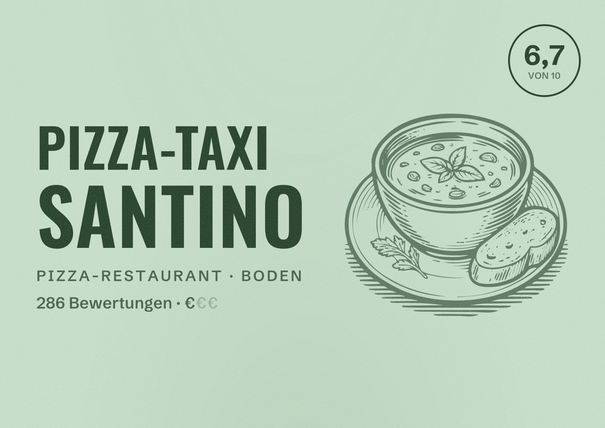 Illustriertes Poster von Pizza-Taxi Santino, Pizza-Restaurant in Boden: Bewertung 6,7 von 10 aus 286 Bewertungen, Preisniveau €