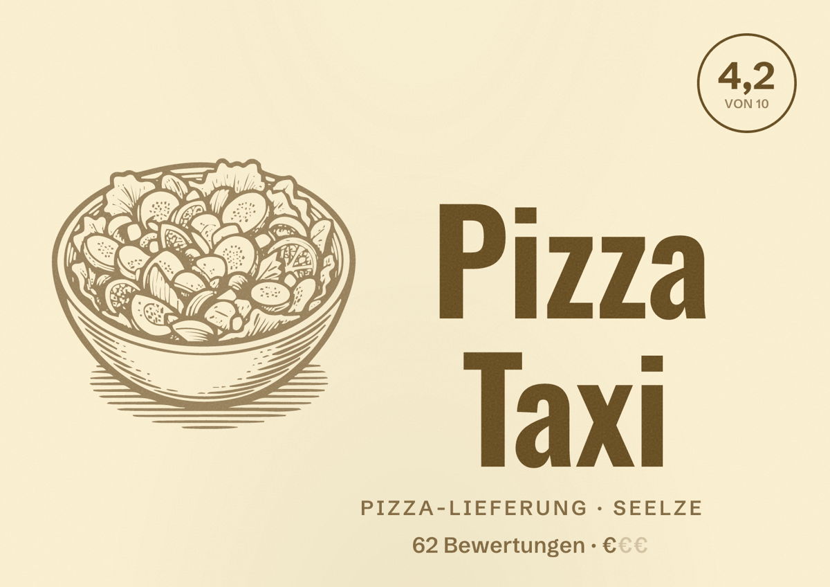 Illustriertes Poster von Pizza Taxi, Pizza-Lieferung in Seelze: Bewertung 4,2 von 10 aus 62 Bewertungen, Preisniveau €