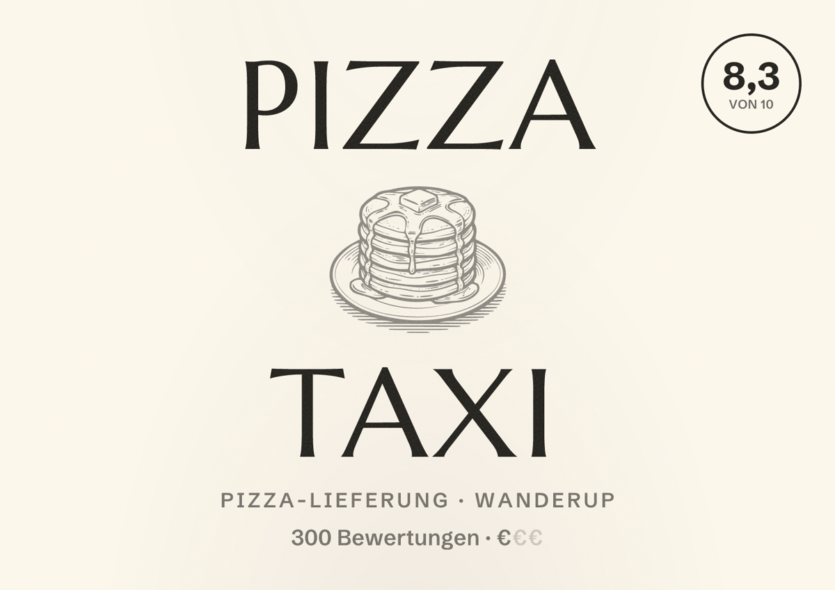 Illustriertes Poster von Pizza Taxi, Pizza-Lieferung in Wanderup: Bewertung 8,3 von 10 aus 300 Bewertungen, Preisniveau €