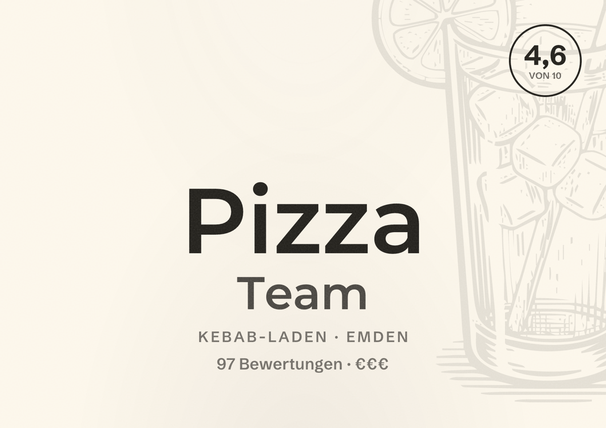 Illustriertes Poster von Pizza Team, Kebab-Laden in Emden: Bewertung 4,6 von 10 aus 97 Bewertungen, Preisniveau €€€