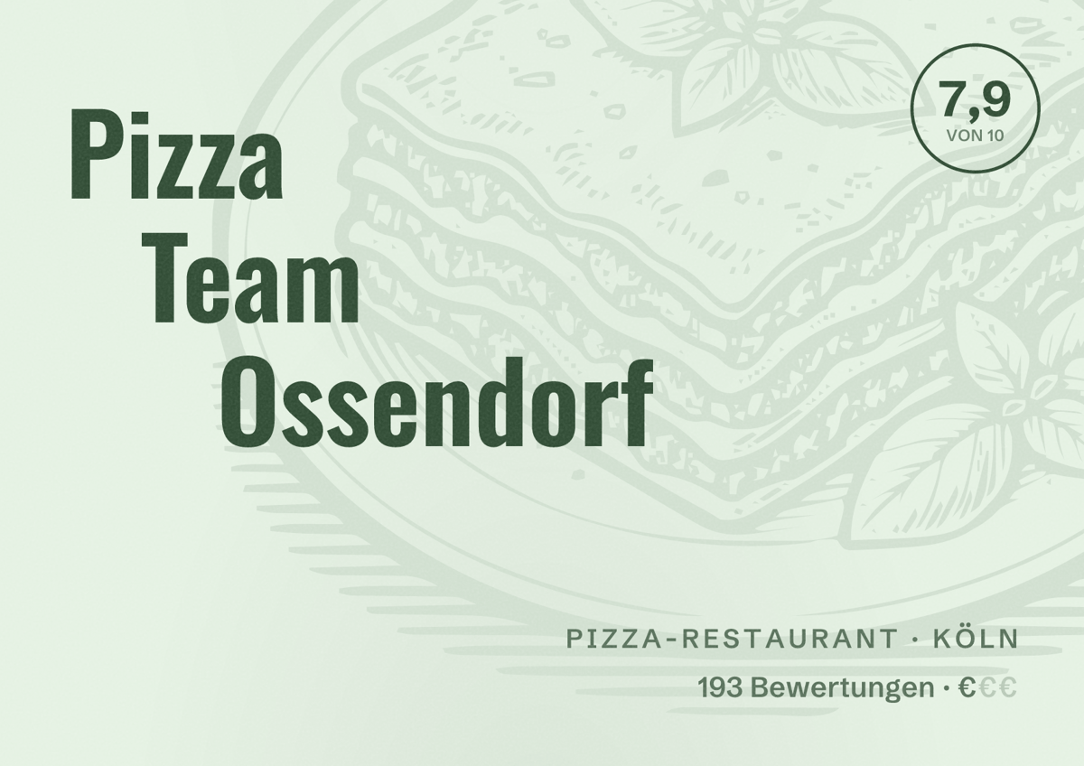 Illustriertes Poster von Pizza Team Ossendorf, Pizza-Restaurant in Köln: Bewertung 7,9 von 10 aus 193 Bewertungen, Preisniveau €