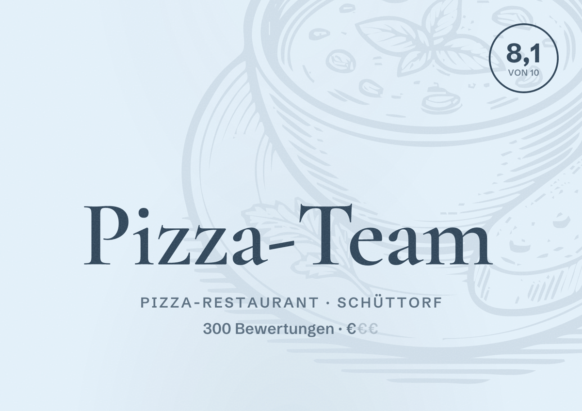 Illustriertes Poster von Pizza-Team, Pizza-Restaurant in Schüttorf: Bewertung 8,1 von 10 aus 300 Bewertungen, Preisniveau €